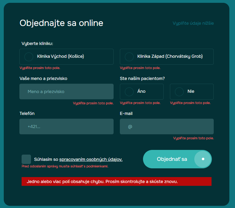 Kontaktný formulár pre online objednávku.